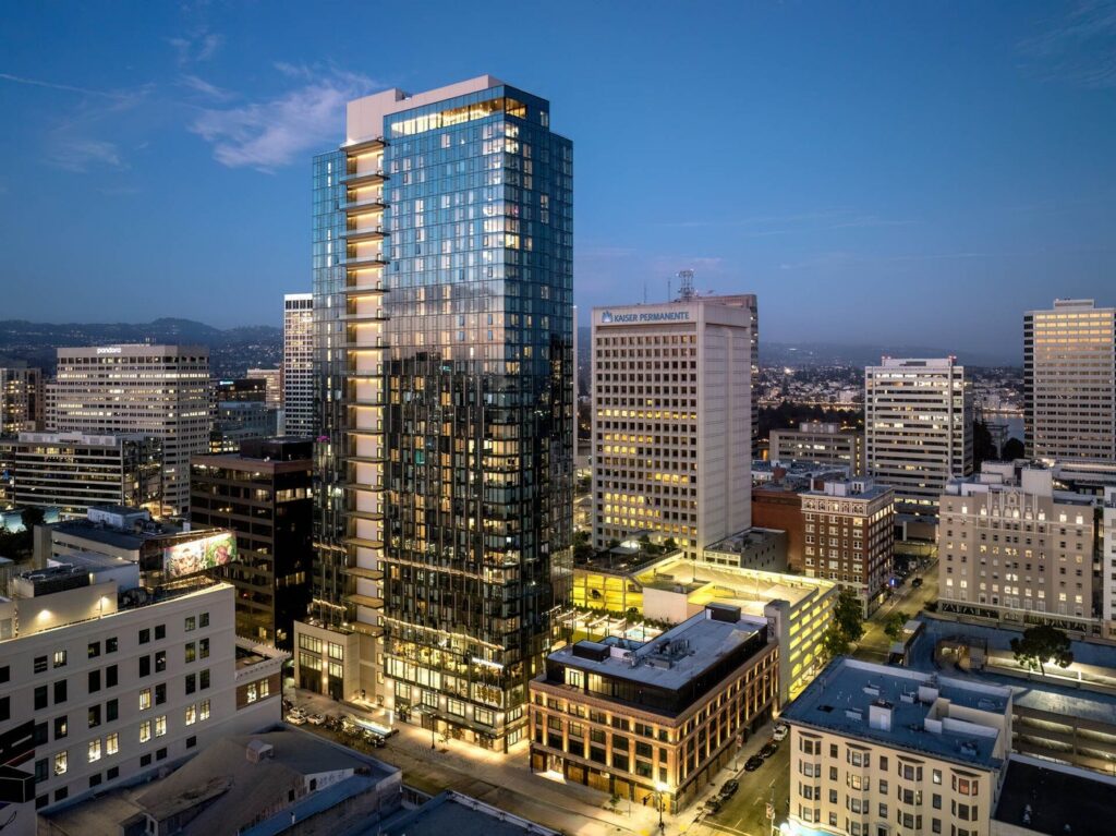 1900 Broadway tower at night in Uptown Oakland