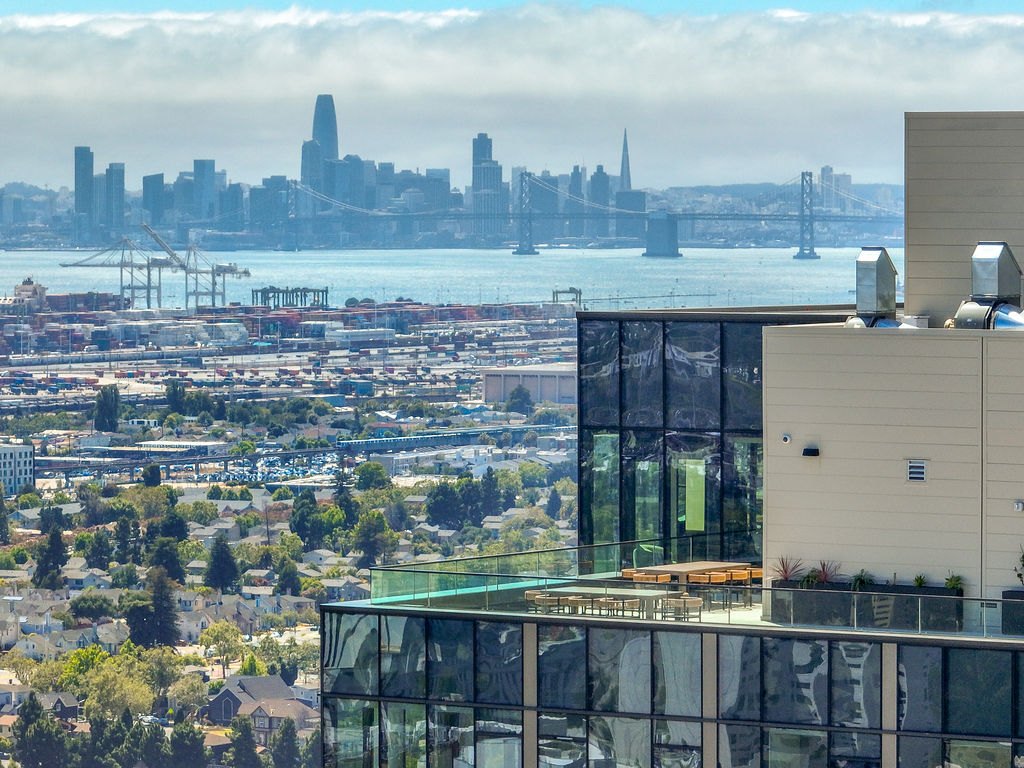 Bay Bridge view from the rooftop at 1900 Broadway in Oakland