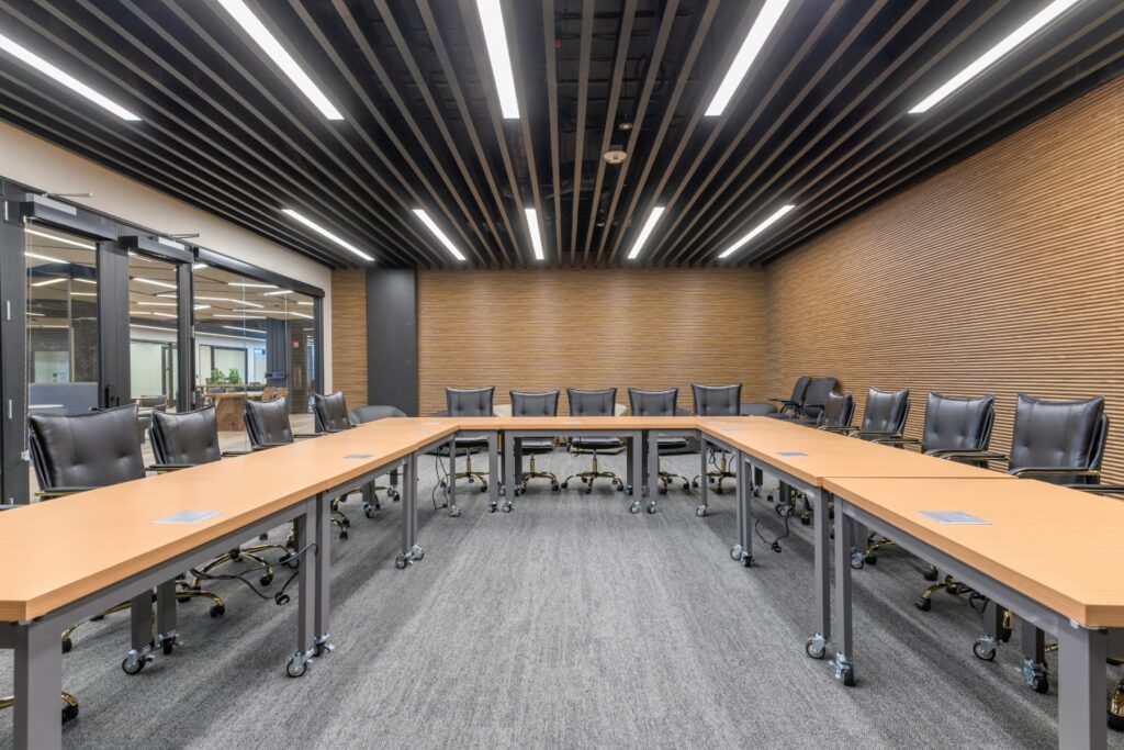 Boardroom with U-shaped table at STAK Space, 1920 Broadway, Oakland