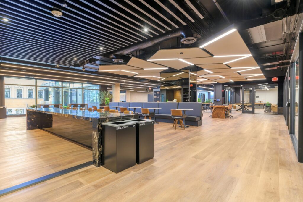 Coworking floor with kitchen island at STAK Space, 1920 Broadway, Oakland