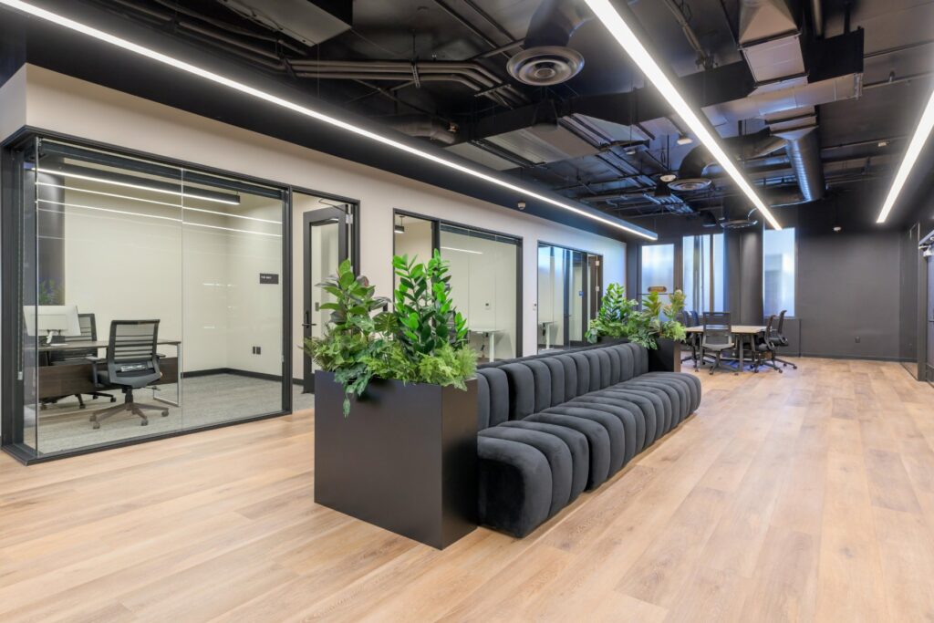 Coworking lounge with planters at STAK Space, 1920 Broadway, Oakland