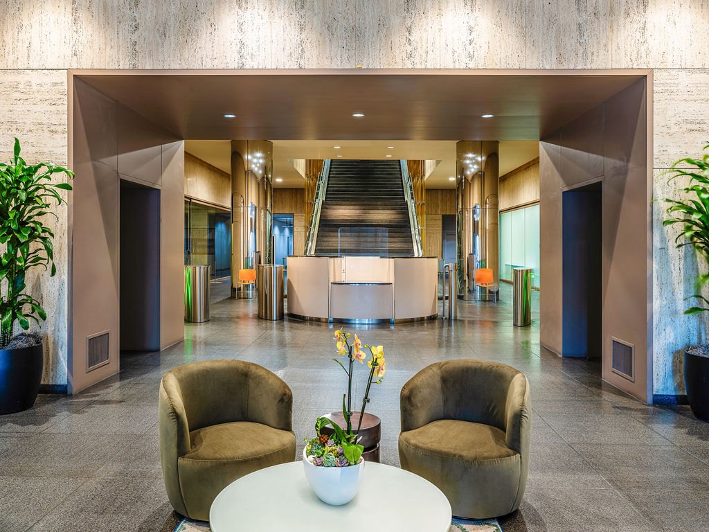 Elevator lobby lounge at 1950 Franklin in Oakland