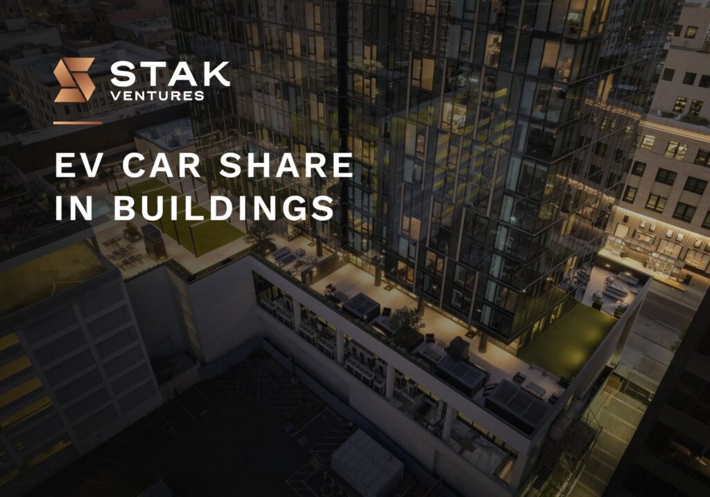 EV car share in buildings: podium courtyard at 1900 Broadway from above