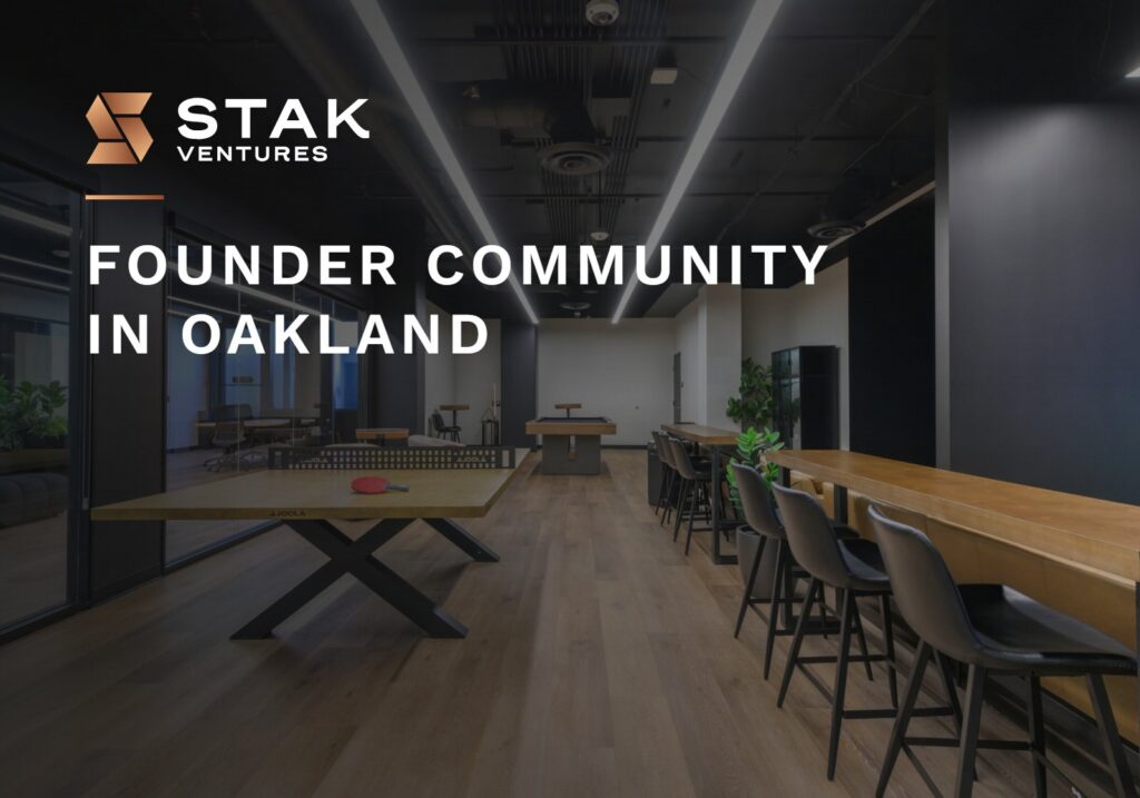 Founder community in Oakland: lounge and communal table at STAK Space, 1920 Broadway, Oakland