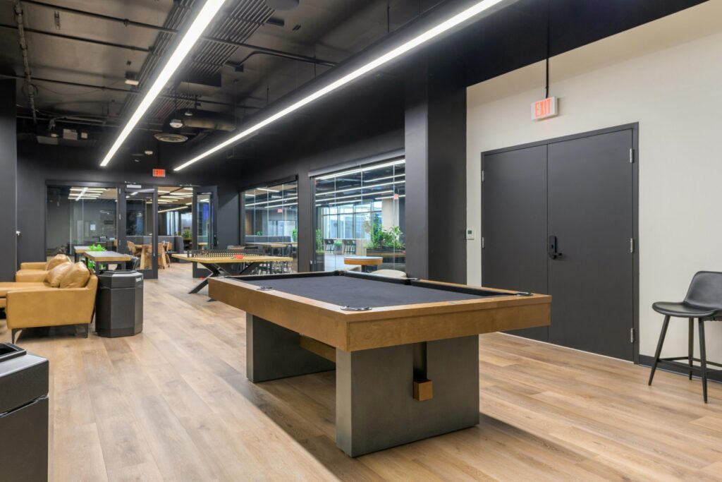 Game room with pool table at STAK Space, 1920 Broadway, Oakland