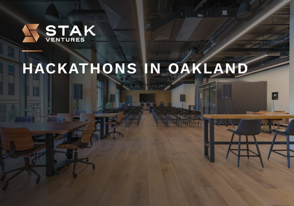 Hackathons in Oakland: long coworking floor with work tables at STAK Space, 1920 Broadway, Oakland