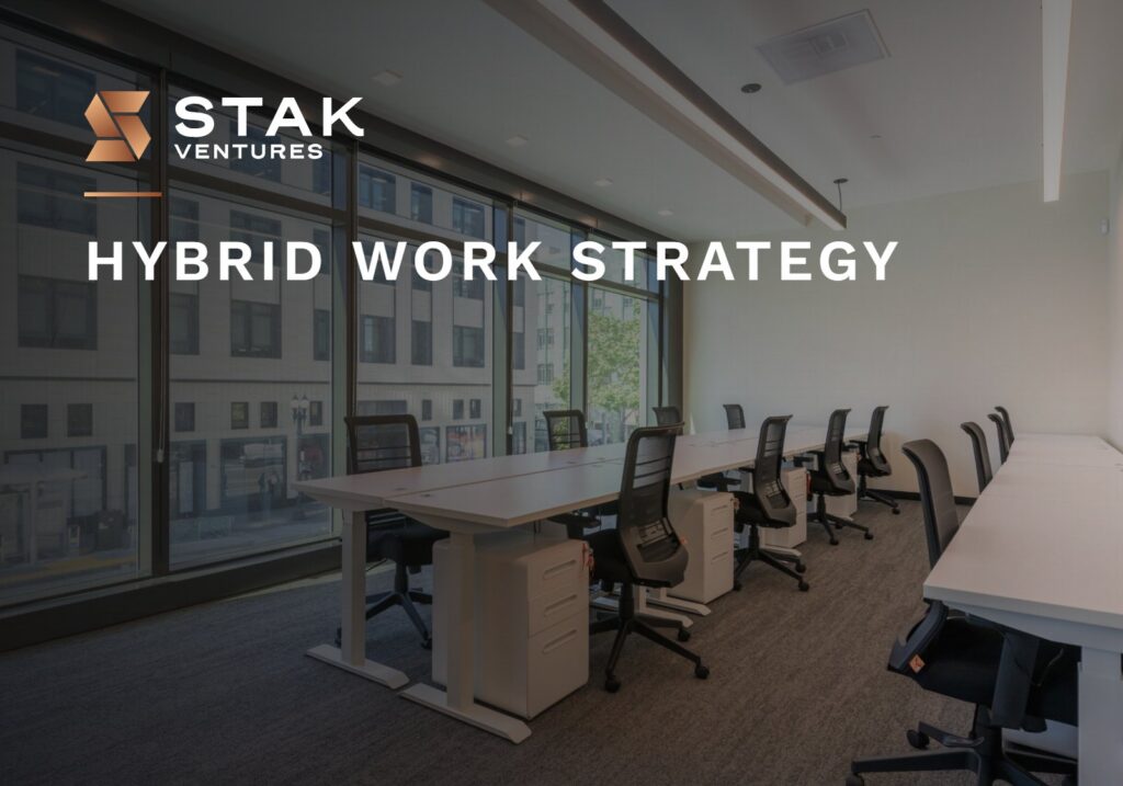 Hybrid work strategy: team office with desks by the windows at STAK Space, 1920 Broadway, Oakland