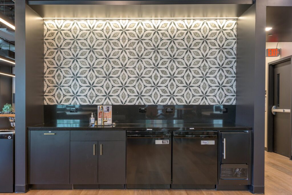 Kitchenette with patterned wall at STAK Space, 1920 Broadway, Oakland