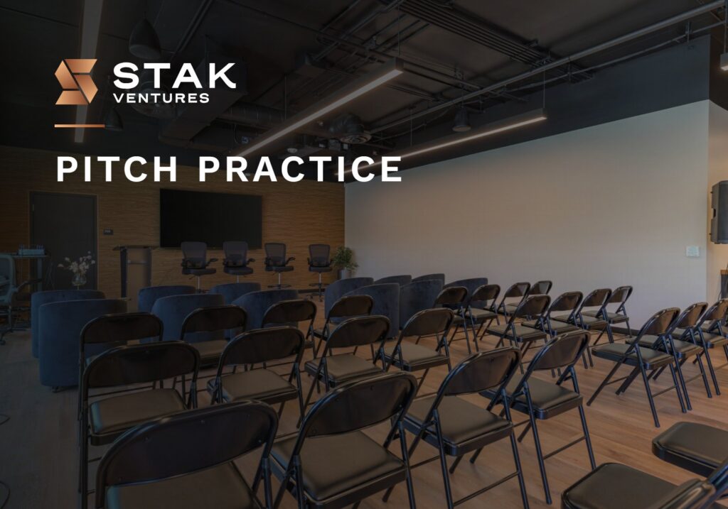 Pitch practice: event seating facing a screen at STAK Space, 1920 Broadway, Oakland