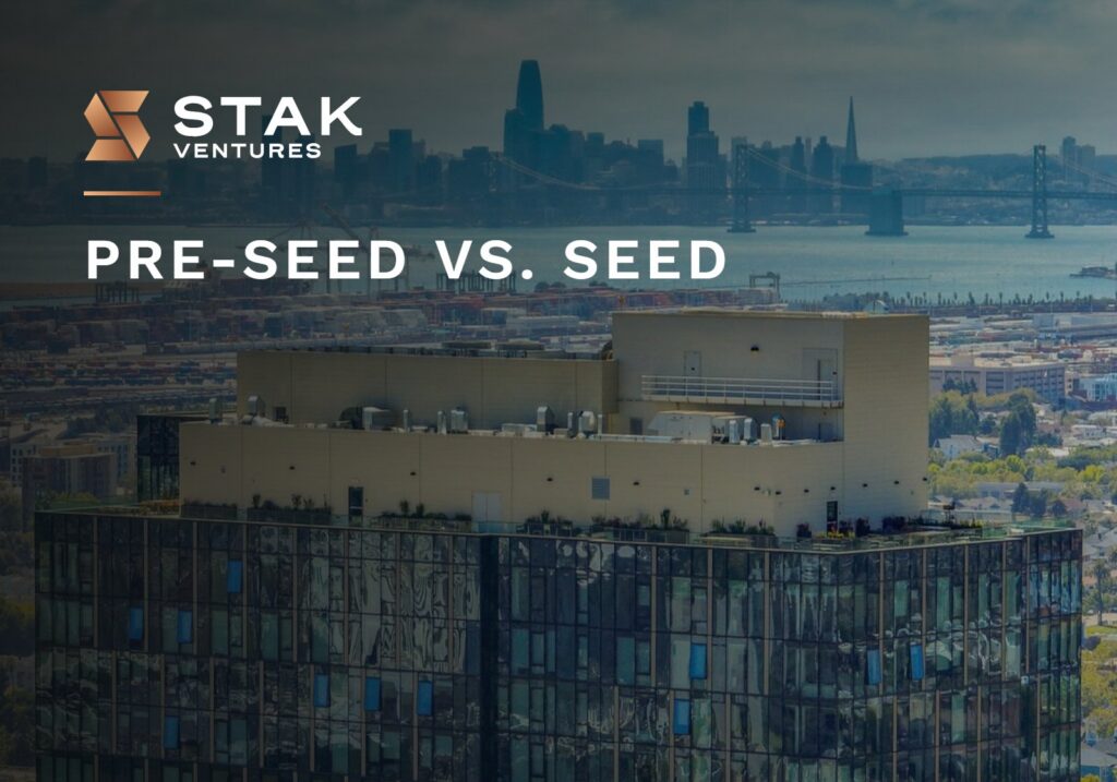 Pre-seed vs. seed: san Francisco skyline from the 39th-floor deck at 1900 Broadway in Oakland