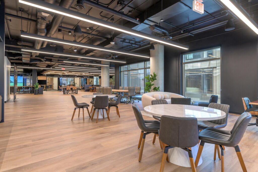 Round cafe tables at STAK Space, 1920 Broadway, Oakland
