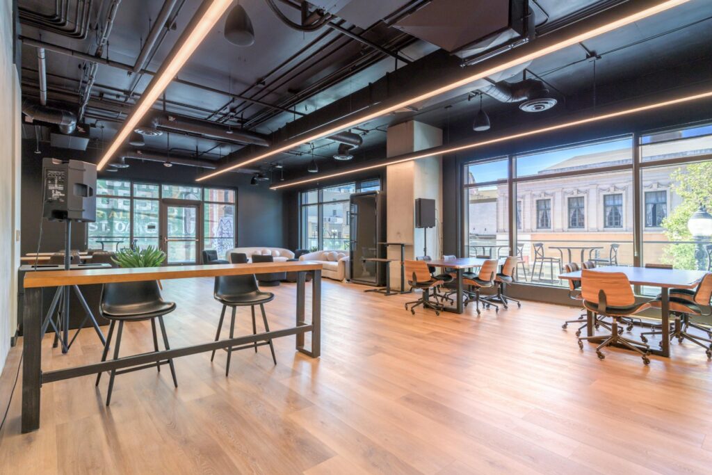 Standing-height work tables at STAK Space, 1920 Broadway, Oakland