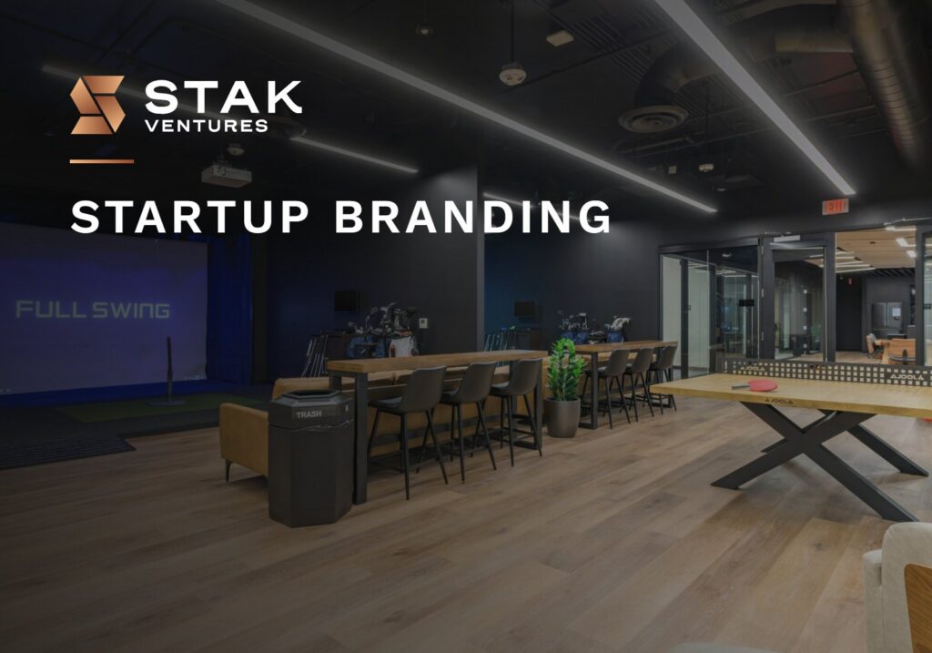 Startup branding: lounge with projection screen at STAK Space, 1920 Broadway, Oakland