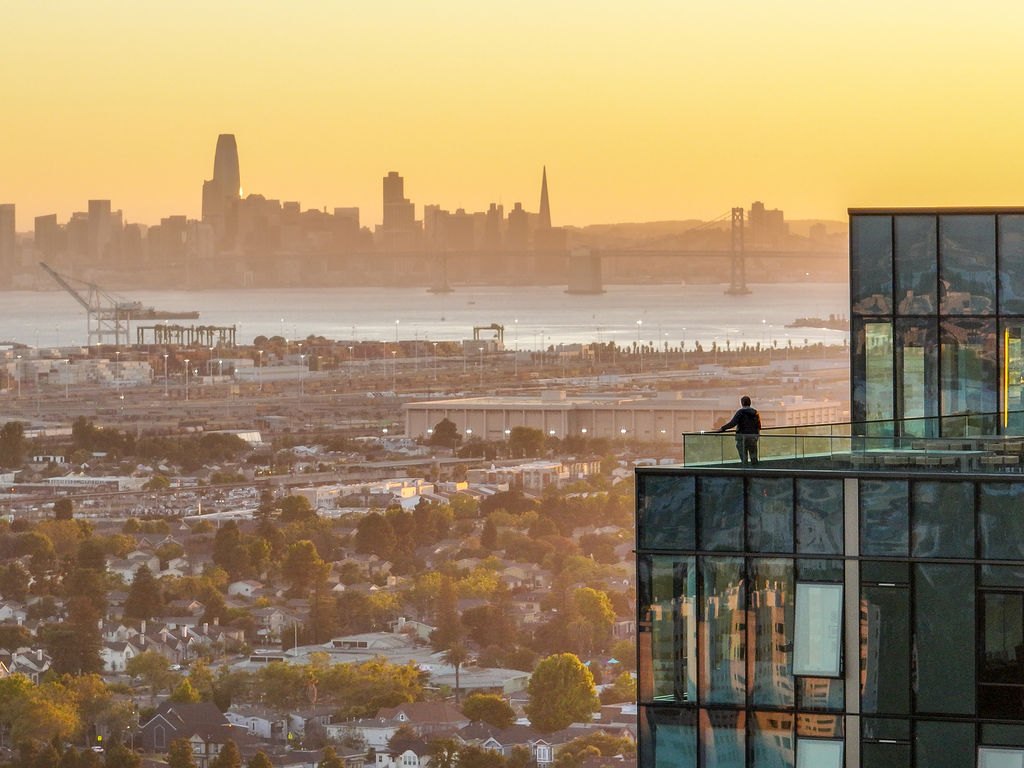 Sunset over the bay from the deck at 1900 Broadway in Oakland